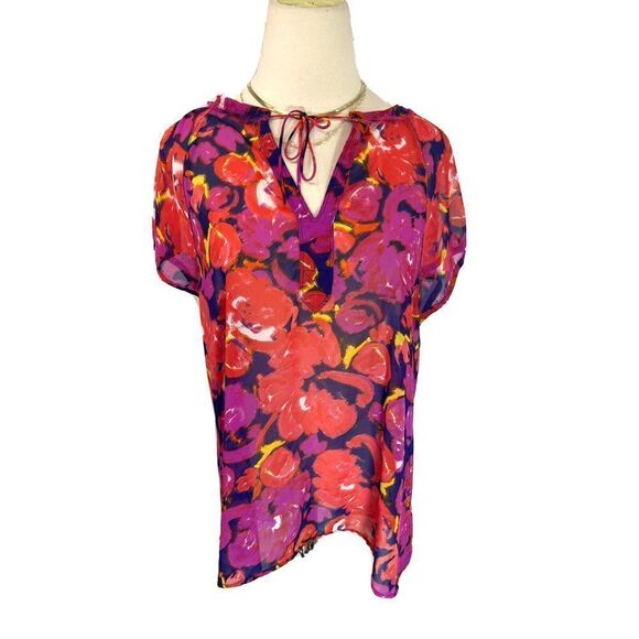 Liz Claiborne Large Top Colorful Semi-Sheer V Neck Flowy Tunic Blouse - Picture 10 of 10